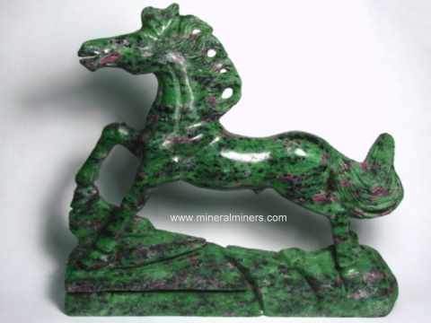 Ruby in Zoisite Animal Carvings: Ruby in Zoisite Chameleon Carvings and Horse Sculptures